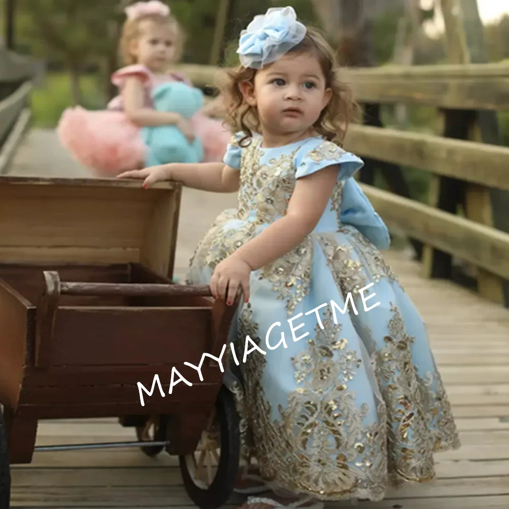 Vestido de flores azul cielo claro para niña, apliques de encaje con lazo de lentejuelas, vestido de boda para niña pequeña, vestidos de cumpleaños para desfile de comunión