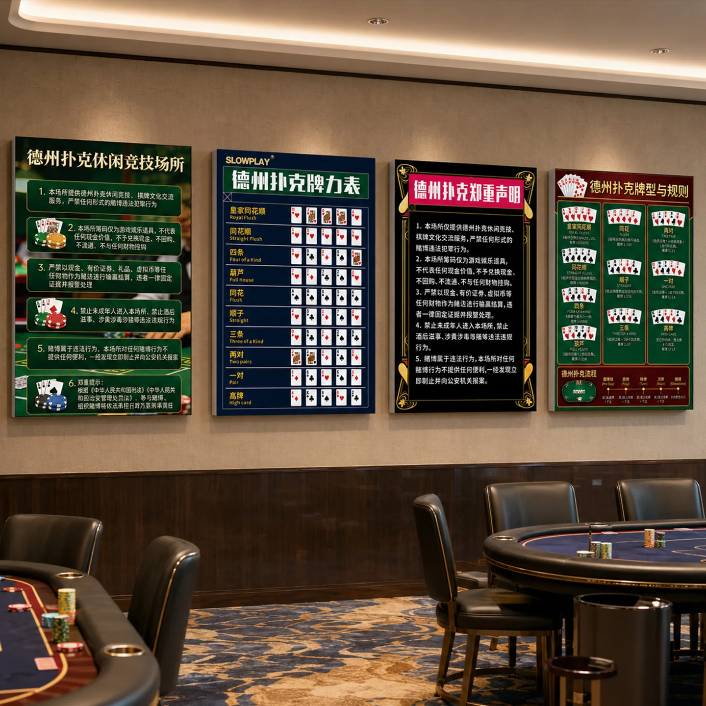 テキサスホールデムポーカーポスター装飾吊り下げ絵画バーゲームルームプレイ通知賭博禁止ポーカーチップ価値表