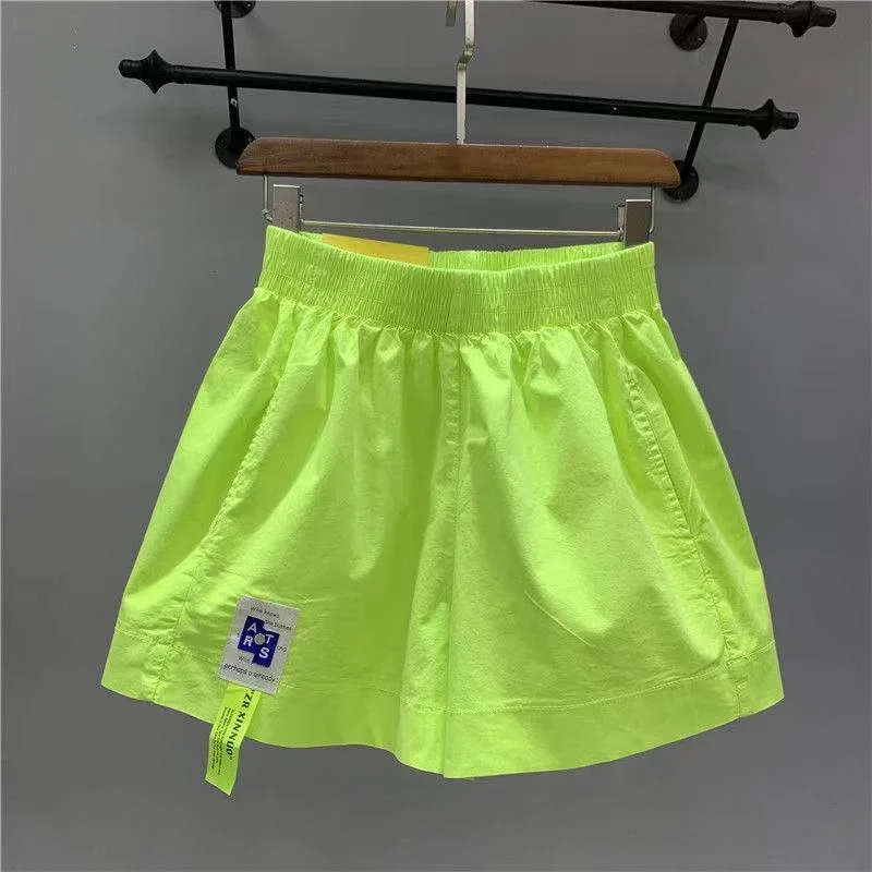 

DAYIFUN-Candy Color High-waisted Shorts Women A-line Wide Leg Labeling Short Pants Neon Yellow Casual Street Wear Summer Pants