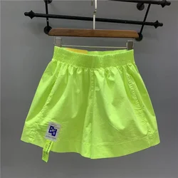 Dayifun-Candy Farbe hoch taillierte Shorts Frauen A-Linie weites Bein Etikettierung kurze Hosen neongelb lässig Street Wear Sommer hose