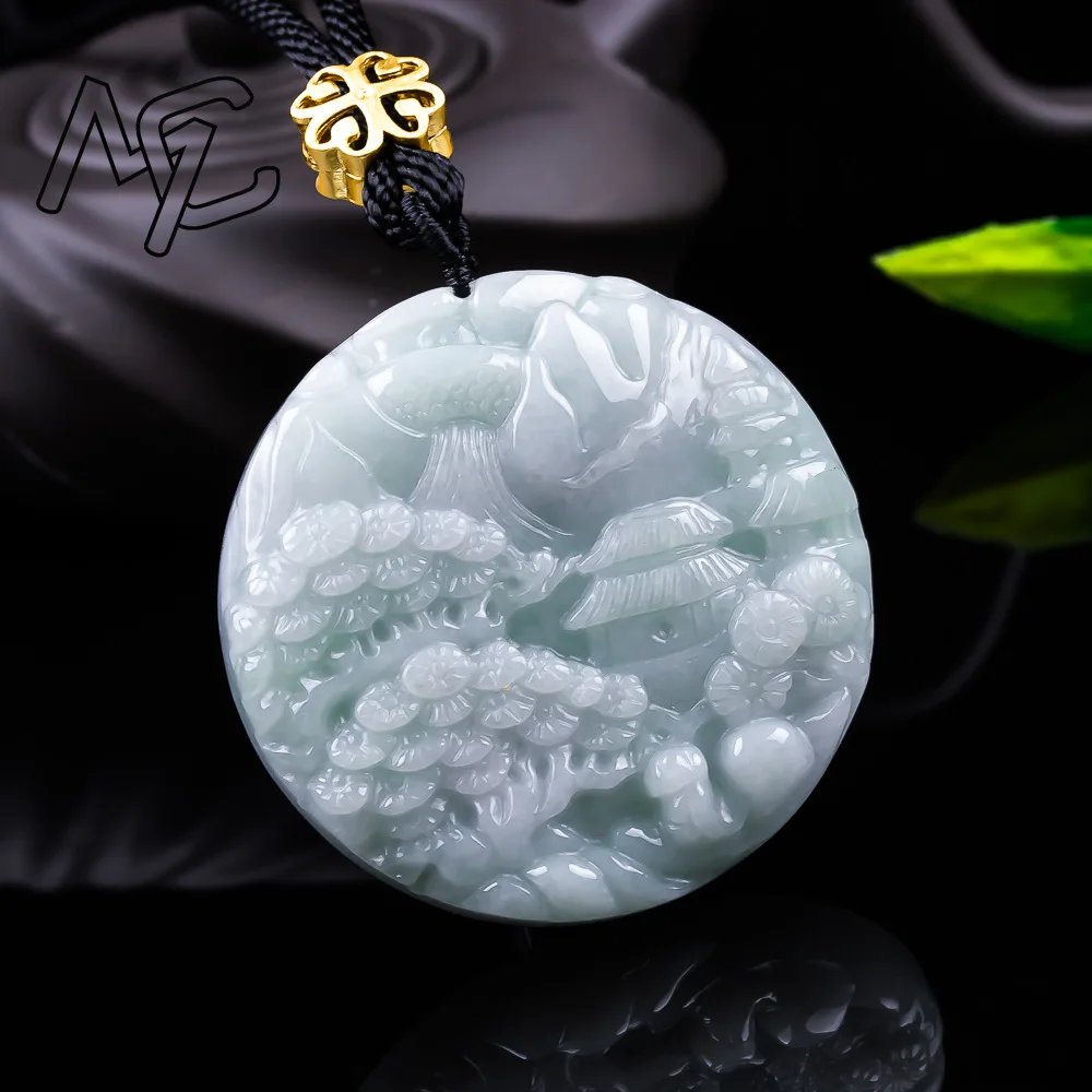 Real Jade Natural Emerald Double-sided Mountains Waters Pendant Necklace Carved Charm Jadeite Jewelry Fashion Charm Amulet Gifts view 3