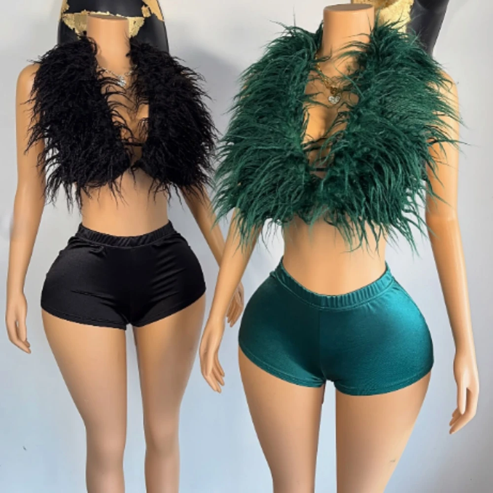 FAGADOER Set 2 Potong Tambal Sulam Bulu Fashion untuk Pakaian Wanita Tank Top Baru Musim Panas + Celana Pendek Melar Setelan Pesta Pakaian Klub Tengah Malam