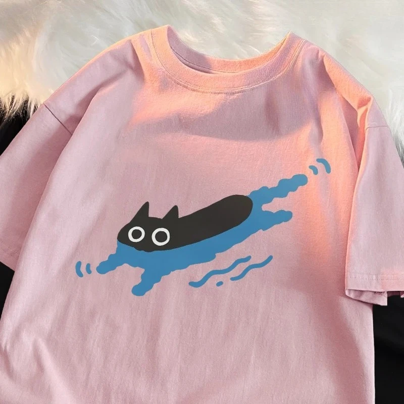 Minimalist Swimming Cat Graphic T Shirt Men Women Streetwear Short Sleeve Tee