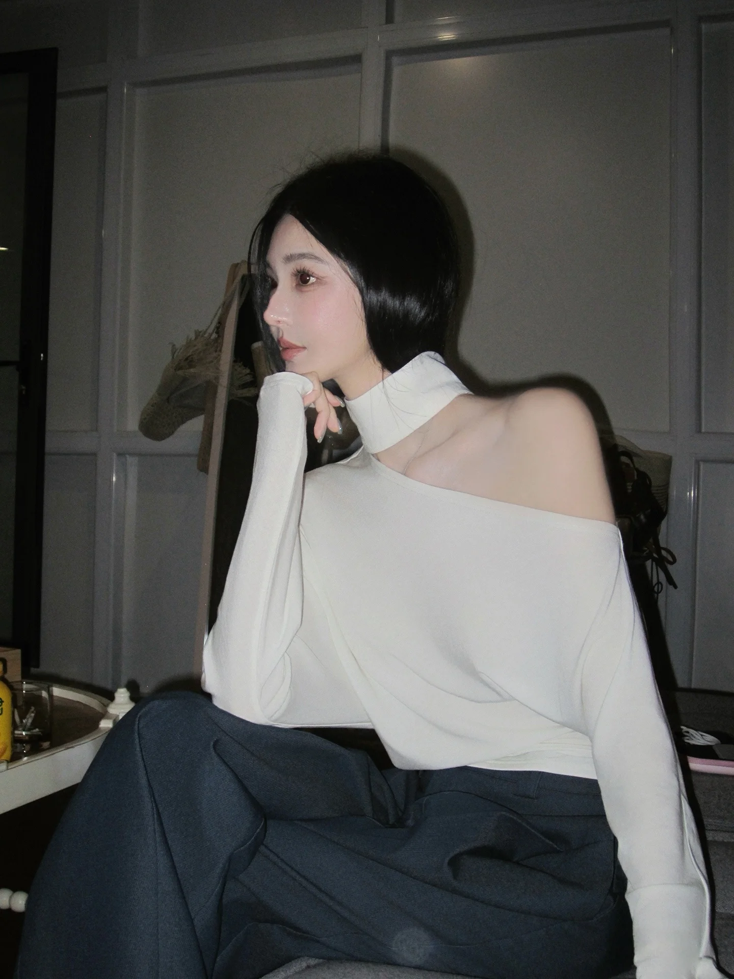 

Angel Dream ALIN Knitted Long Sleeve Wool Blend Neck Hanging Shoulder Bared Women's Fashion Spring 2026 Polyester Elastic Fiber