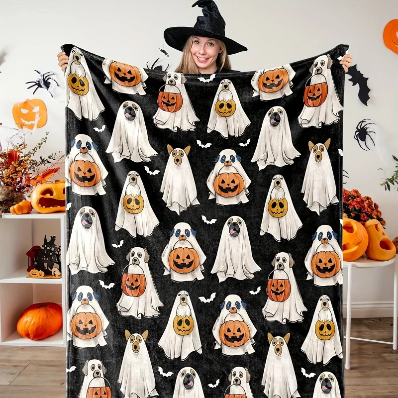 Ghost Dog Pumpkin Bucket Print Throw Blanket, Soft Flannel Blanket for Sofa Bedroom Halloween Home Decor