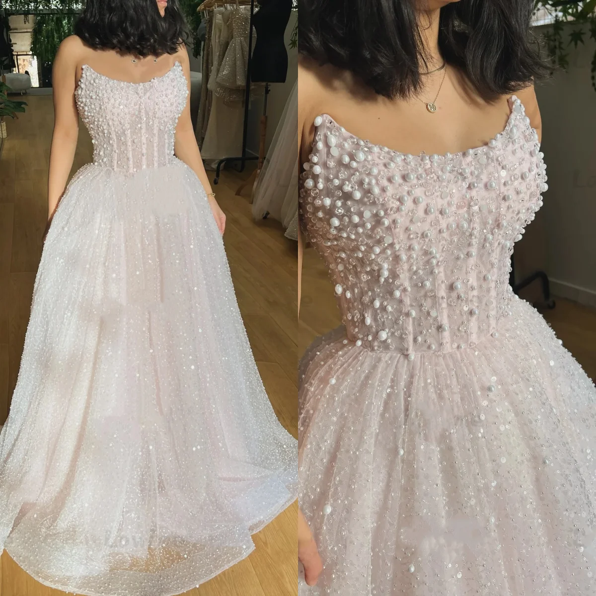 

Элегантное женское свадебное платье трапециевидной формы без бретелек, свадебное платье без рукавов, жемчуг, бисер, блестки, платье со шлейфом, платье на заказ