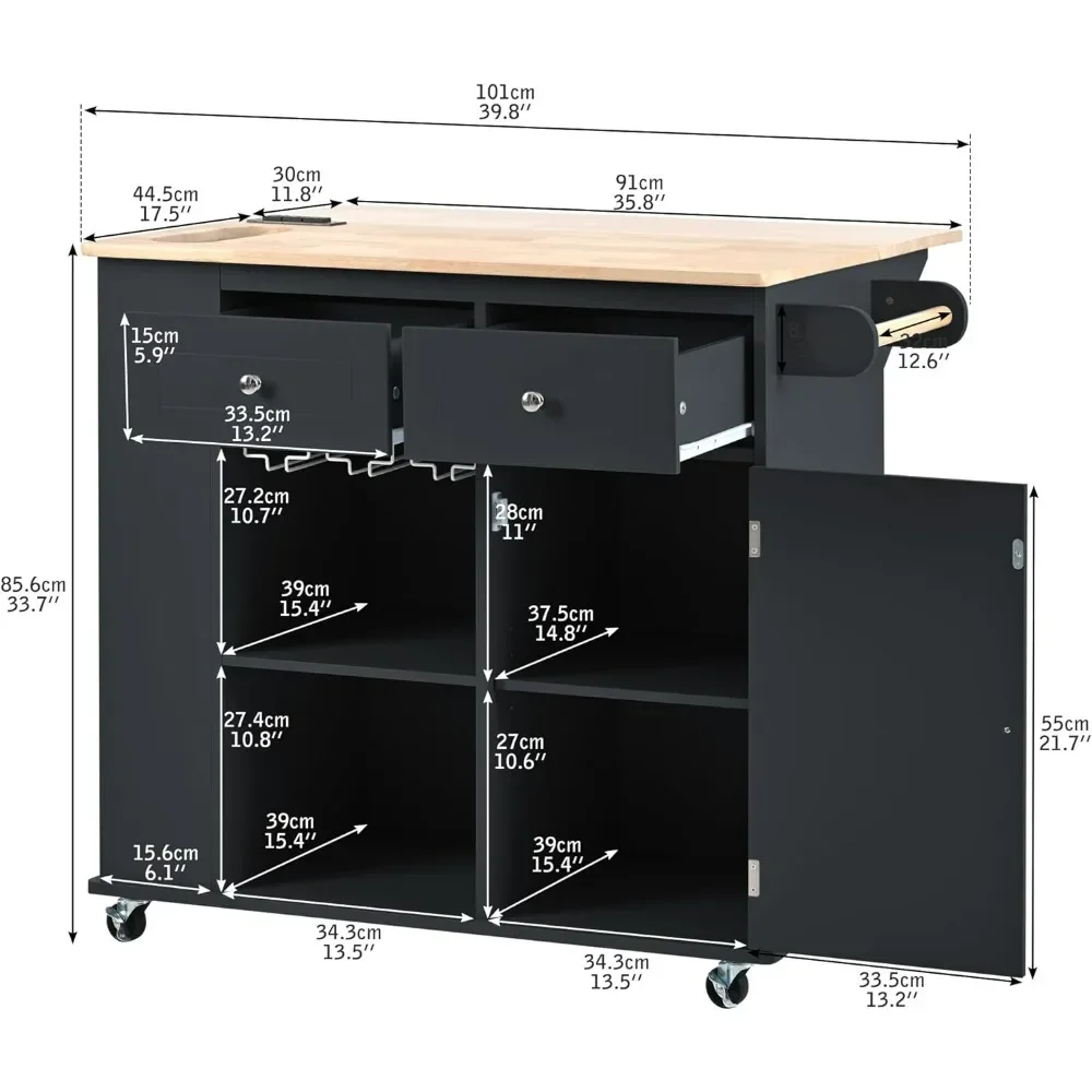 Kitchen Island, Kitchen Carts on Wheels with Storage Drop Leaf Power Outlet Drawer Cabinet Counter Rubberwood Top