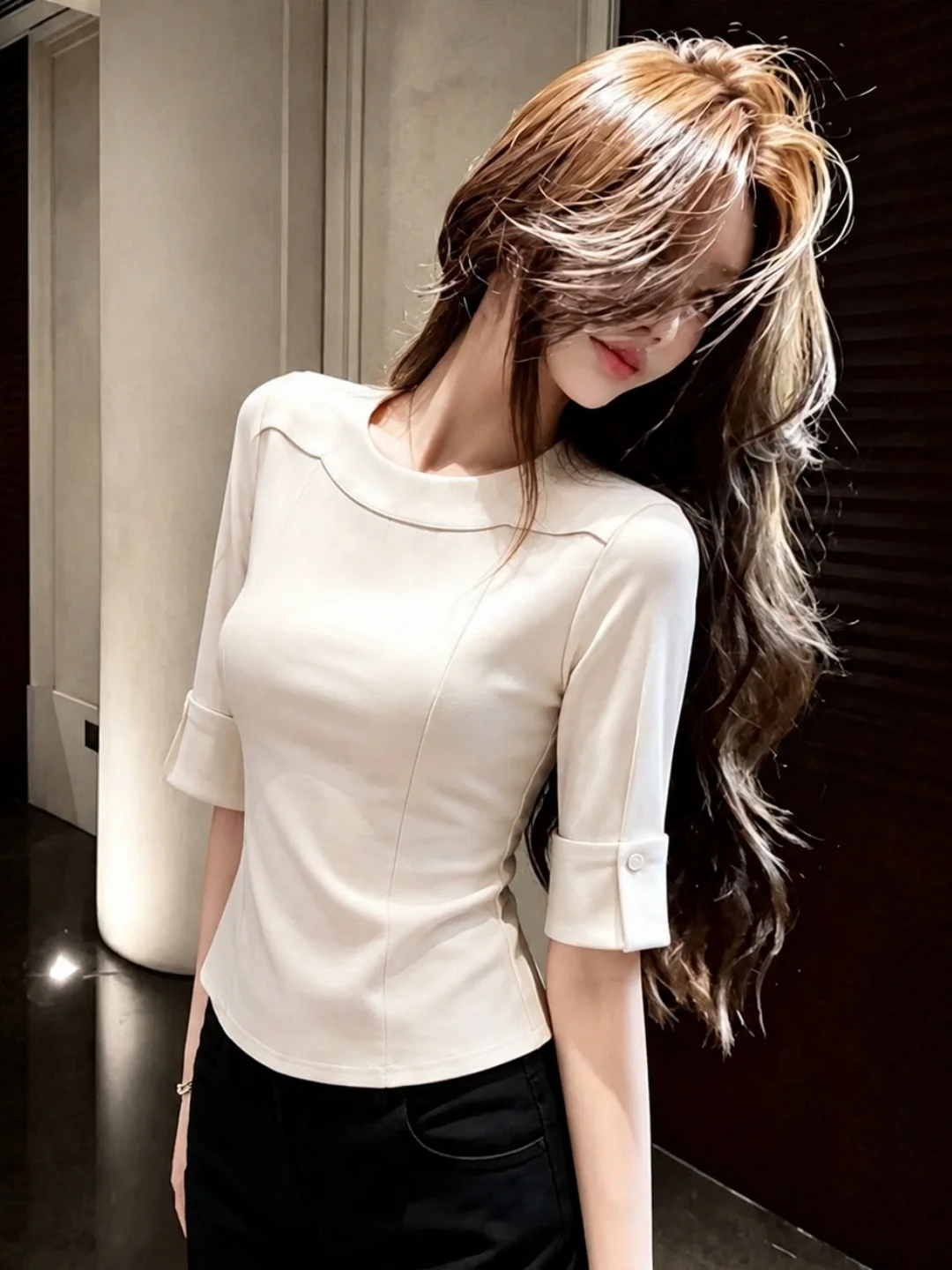 Slimming Effect round Neck Pullover T-Shirt Pure Color Minimalist Style Versatile Fashionable Summer 2026 Women's Top