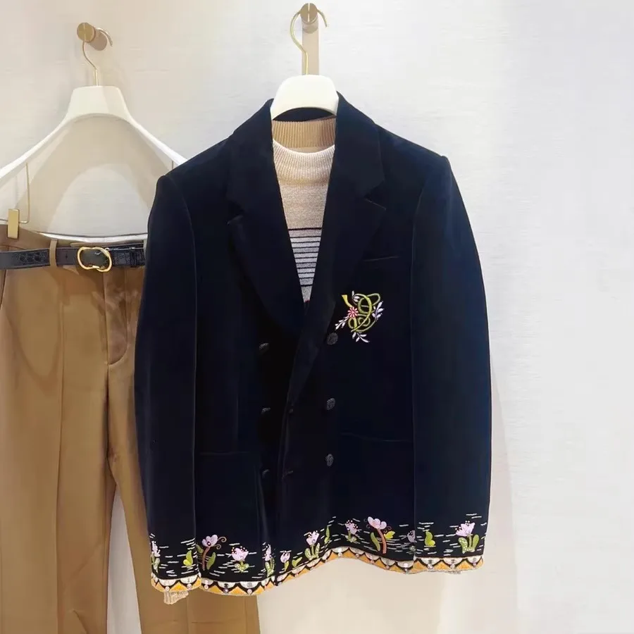 

2026 New Arrival Preppy Style Unisex Embroidered Jacket Double Breasted Fashion Retro Velvet Black Blazer