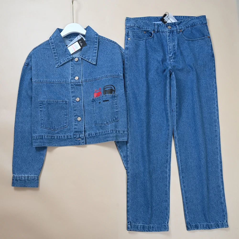 

Новый осенний женский джинсовый джинсовый джинсовый комплект + джинсы, комплект из двух предметов, длинный воротник на пуговицах све, модная женская одежда