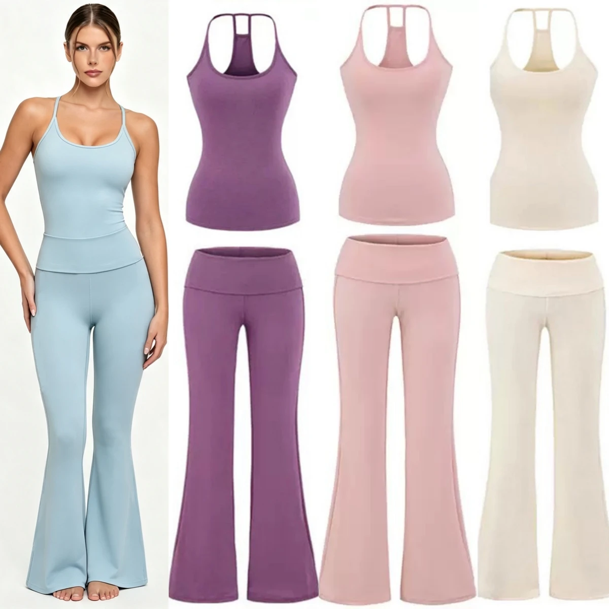 2 Pieces Women Yoga Set Racer Back Tank Top Fold Waist Flare Leg Yoga Pants Sports Fitness Gym Workout Outfit Active Wear Set