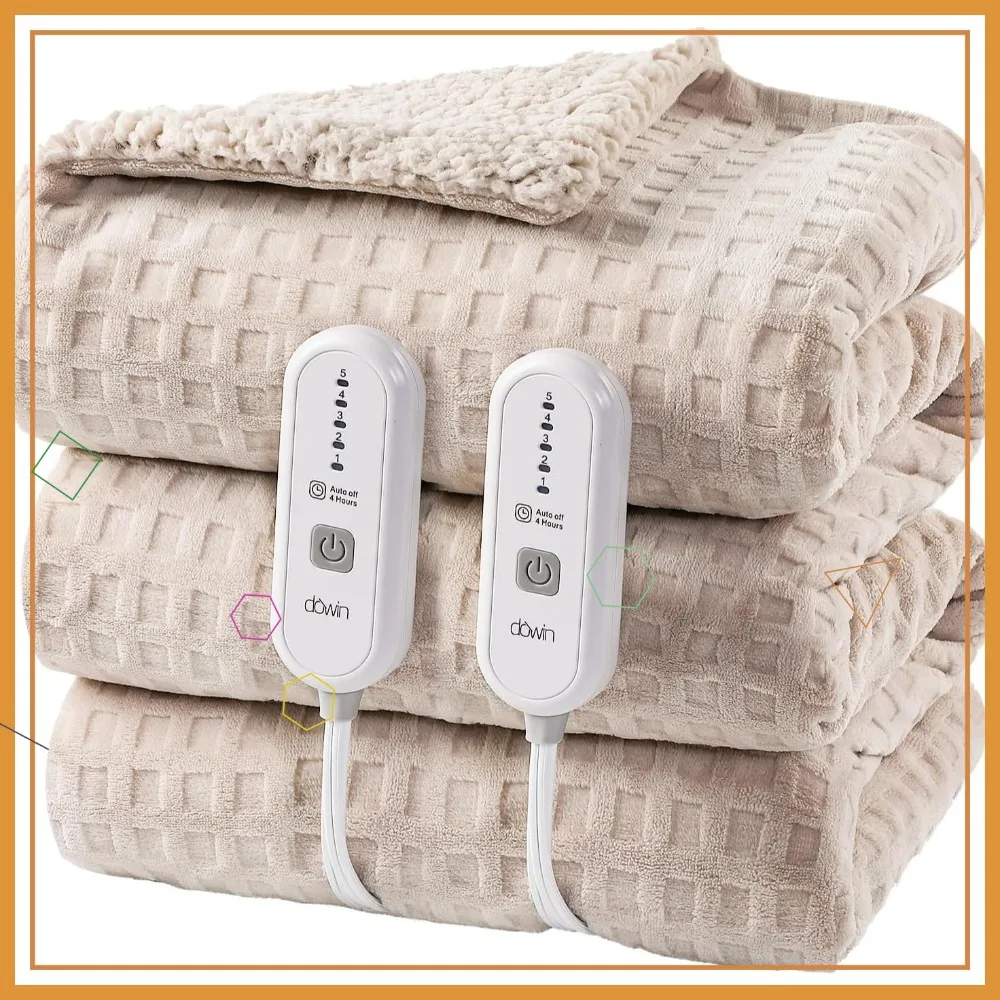 

Queen Size Electric Blanket with Dual Control, 5 Heating Levels, Auto Off, Sherpa Fleece, Machine Washable - 84x90 Khaki
