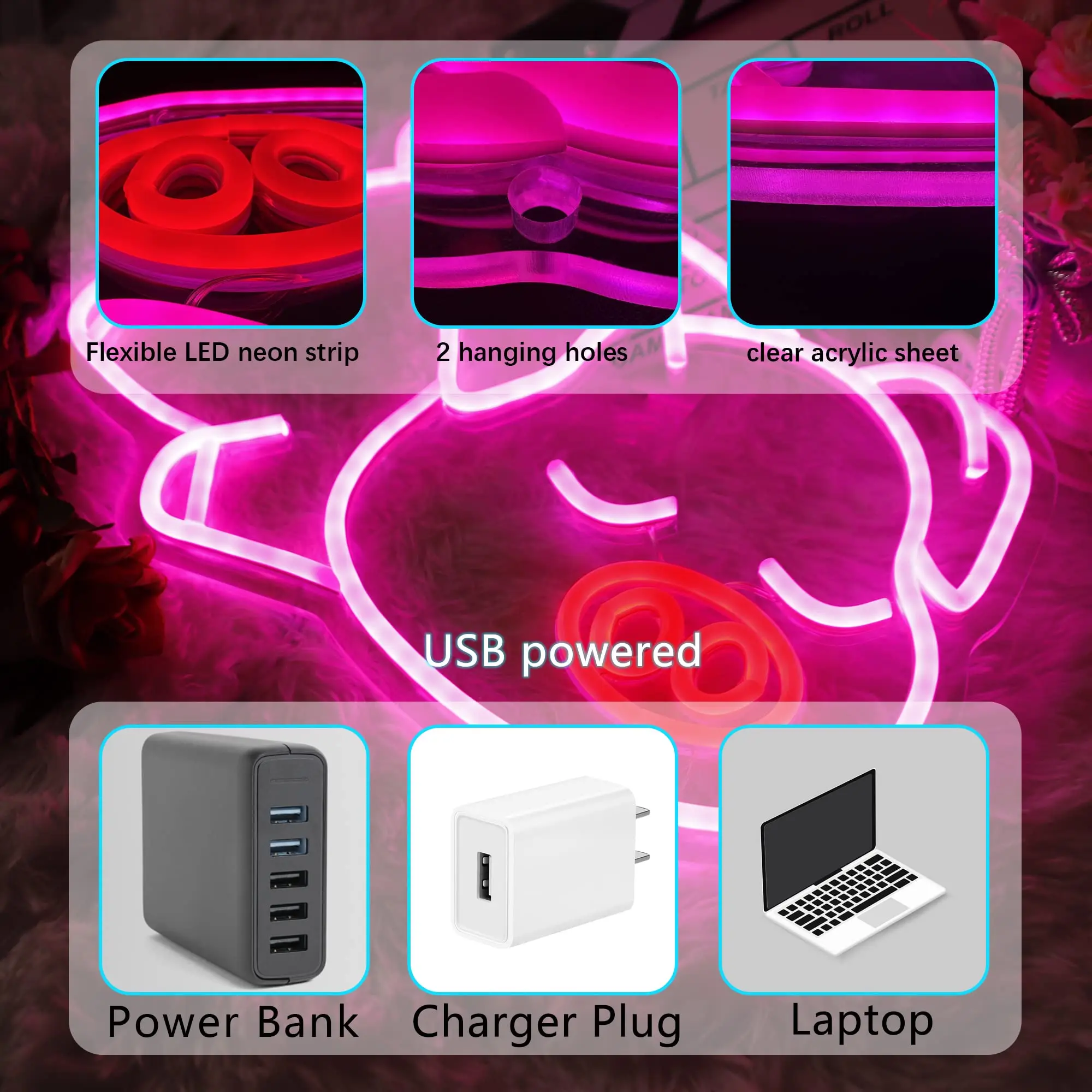 Imagem -05 - Cute Pig Led Neon Signs para Wall Decor Usb-powered Luz Quarto Bar Casa Presentes