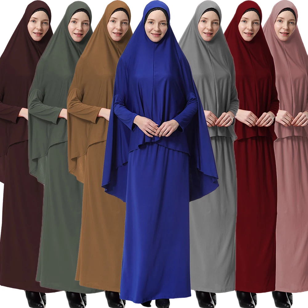 

Women 2 Piece Dress Muslim Prayer Set Khimar Abaya Overhead Hijab Skirt Full Cover Islam Clothing Middle East Worship Kaftan New