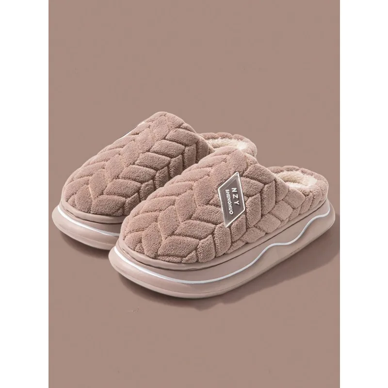 2026Striped House Fuzzy Slippers Men Women Winter Warm Fur Plush Indoor Lazy Thermal Furry Home Room ShoesFlat Flip Flops Unisex