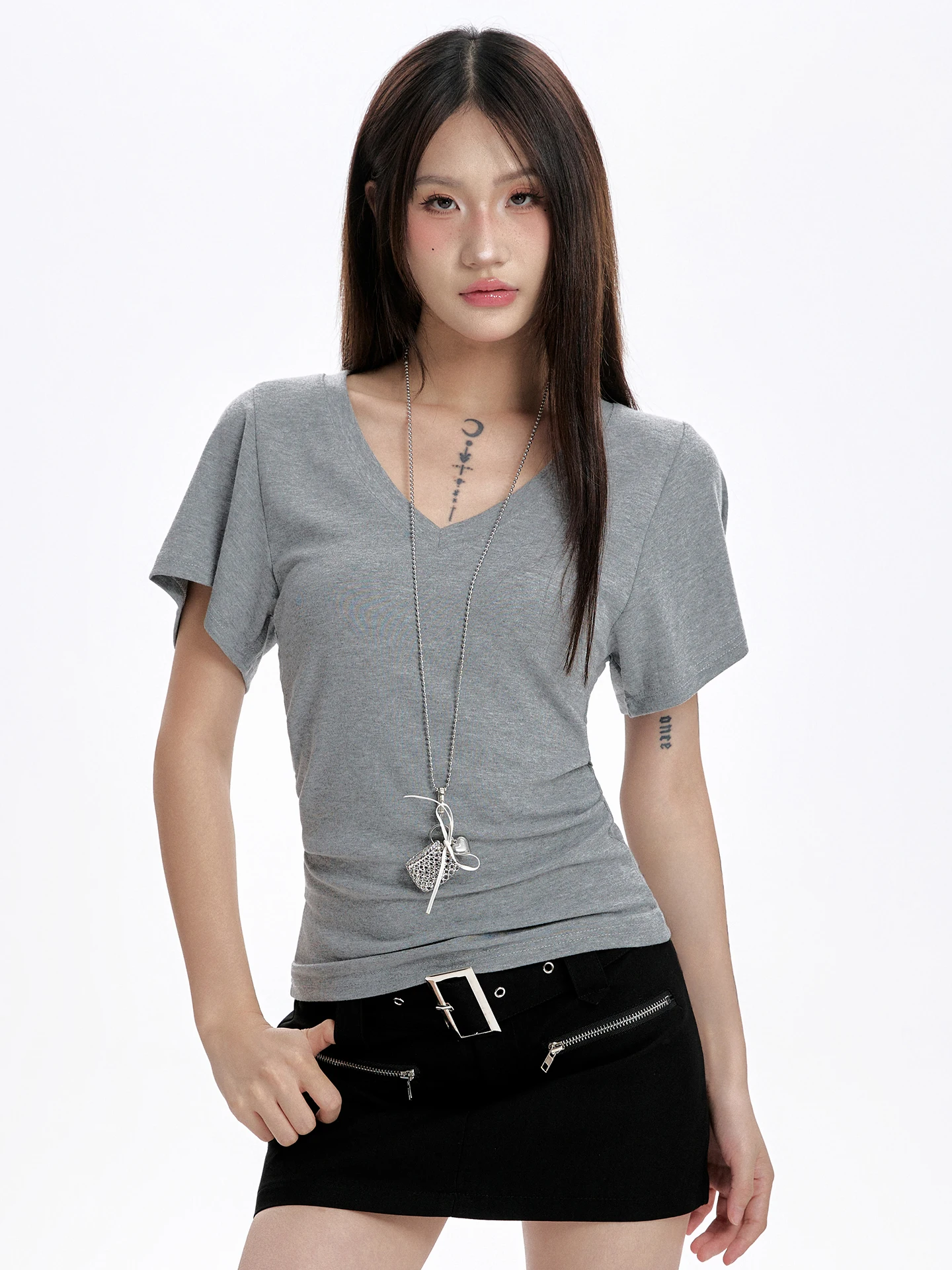 

ay V-Ne ort Sve T-irt Women's Summer New Design Slimming Waist Design Versatile Bodycon Sle Trendy Girl Top