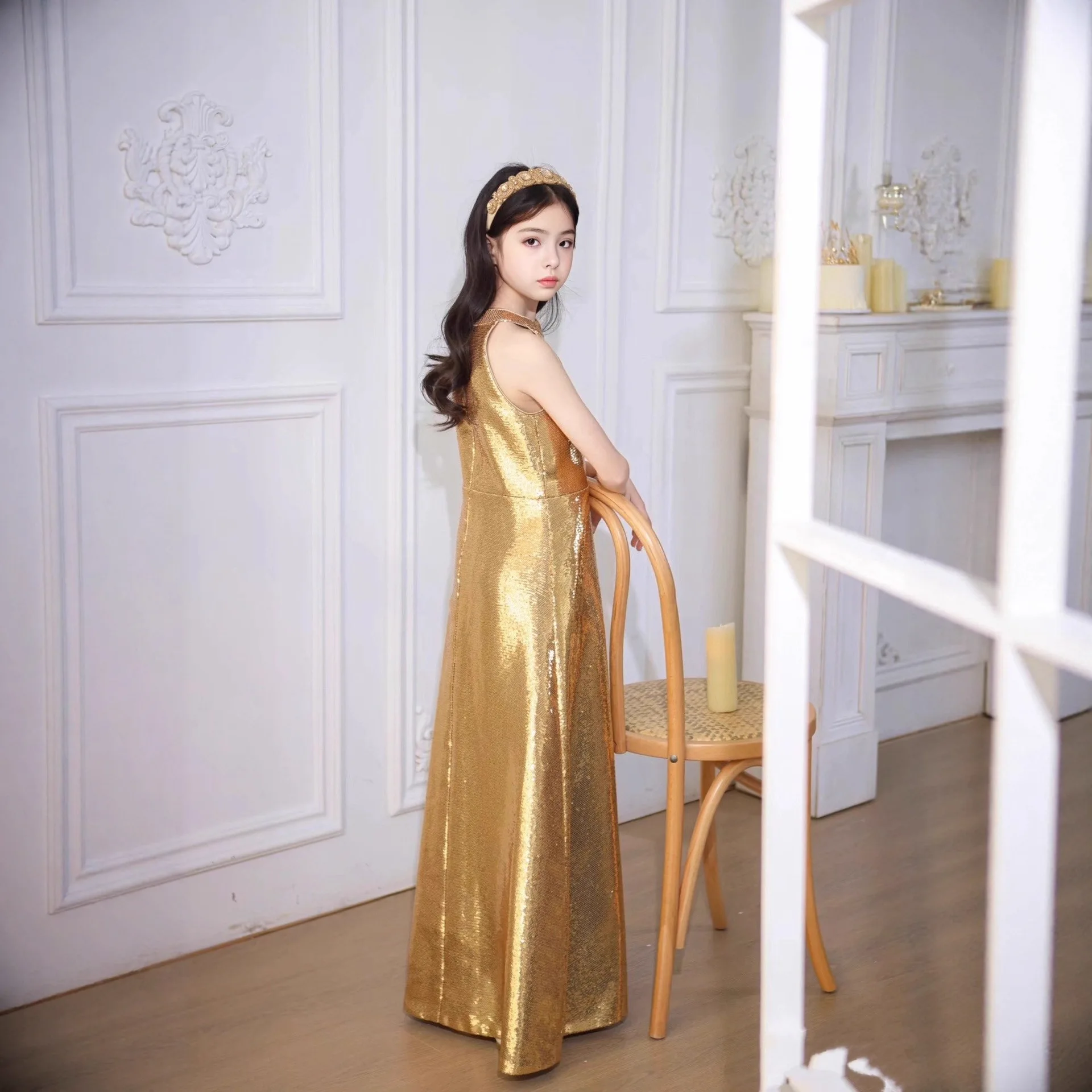 Flower Girl Wedding Dresses Gold Princess Dress New Long Sequin Gowns Round Neck Graduation Prom Evening Gown Host Customized