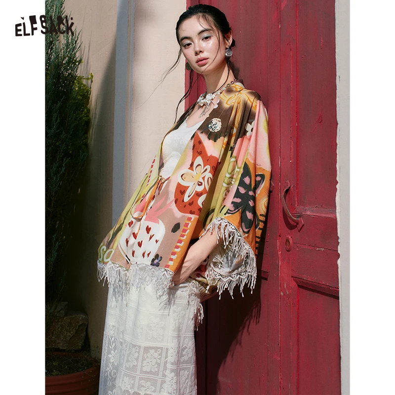 

ELFSACK Vacation Satin Kimono Cardigan, Leopard Cat & Aimee Print, Fringe Trim Cuff & Hem, Draped Loose Fit Cover-Up