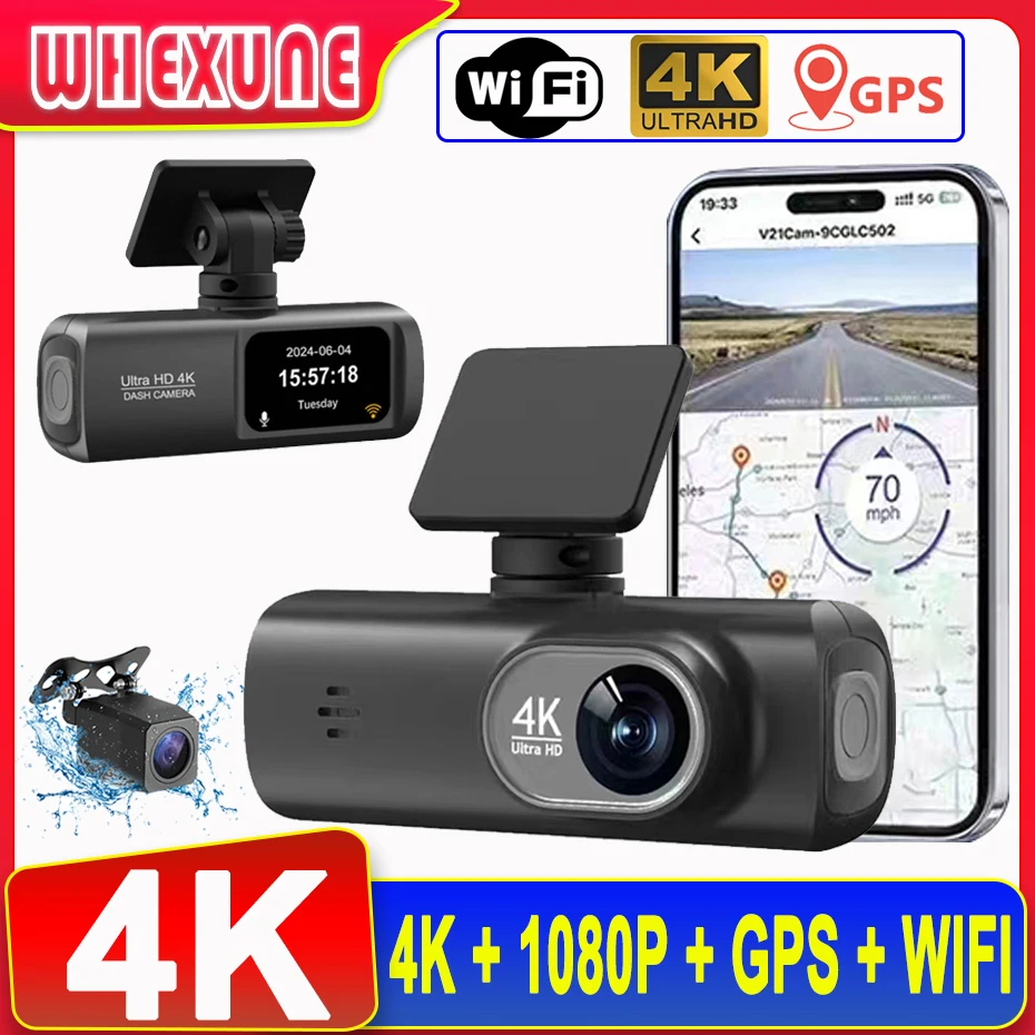 UHD 4K Dash Cam Dual Lens Driving Recorder Car DVR 1080P Rear Lens Camera Built-In WiFi GPS 24-Hour Parking Monitoring Black Box