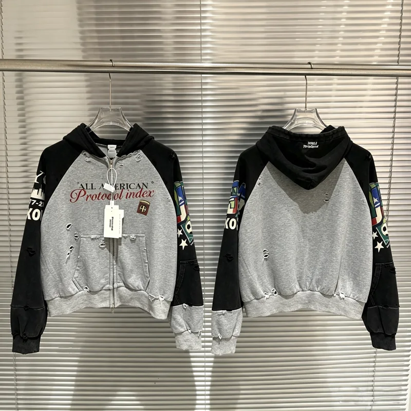 Washed Splice Color Protocol Index Football Print Zipper Hoodie Men Women High Quality Casual Loose Hole Damaged Loose Pullovers
