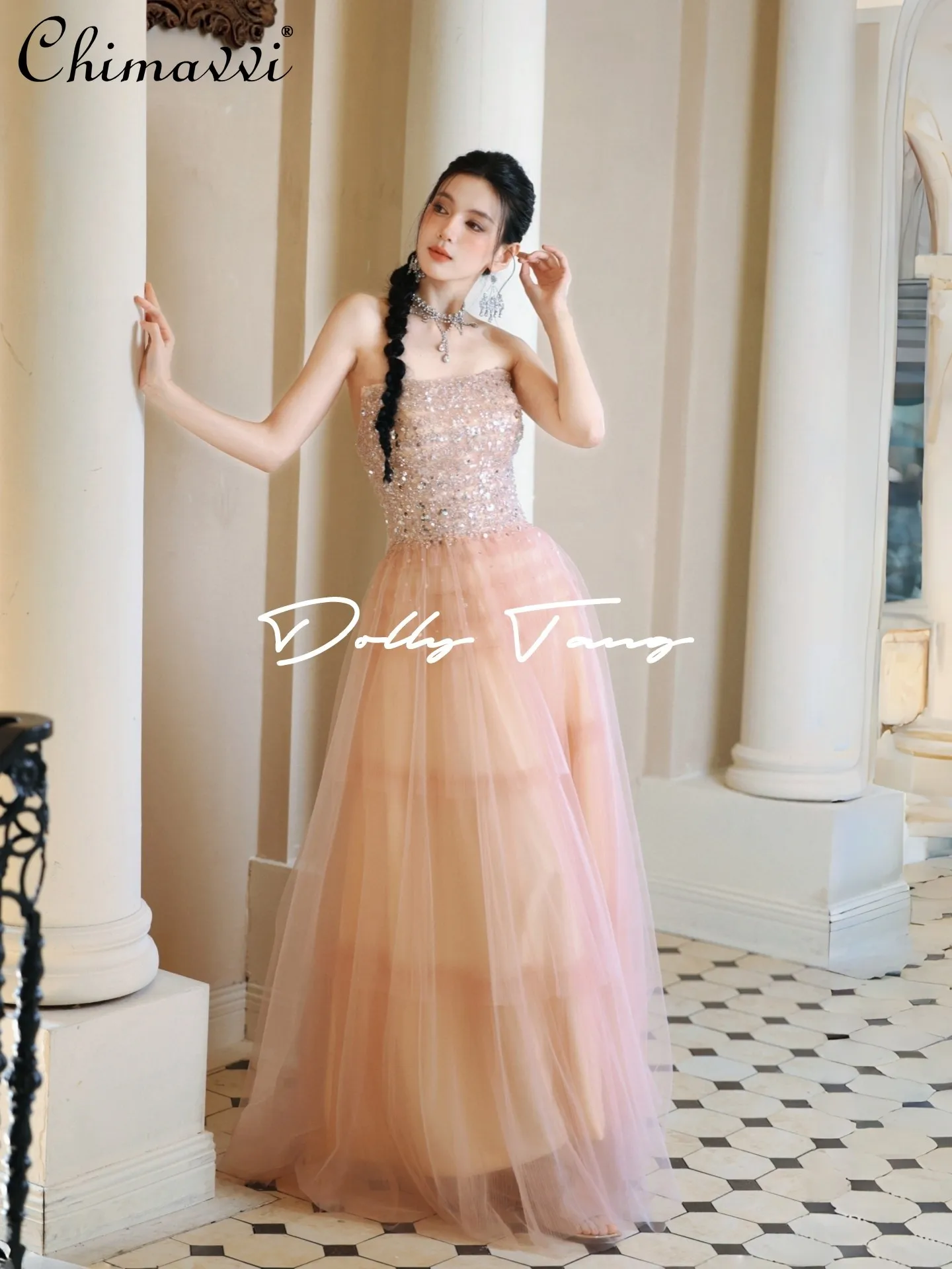 

Высококачественное милое платье без бретелек с пайетками, новинка 2026, розовое сказочное платье для взрослых, сексуальное вечернее легкое платье, утренний халат для женщин