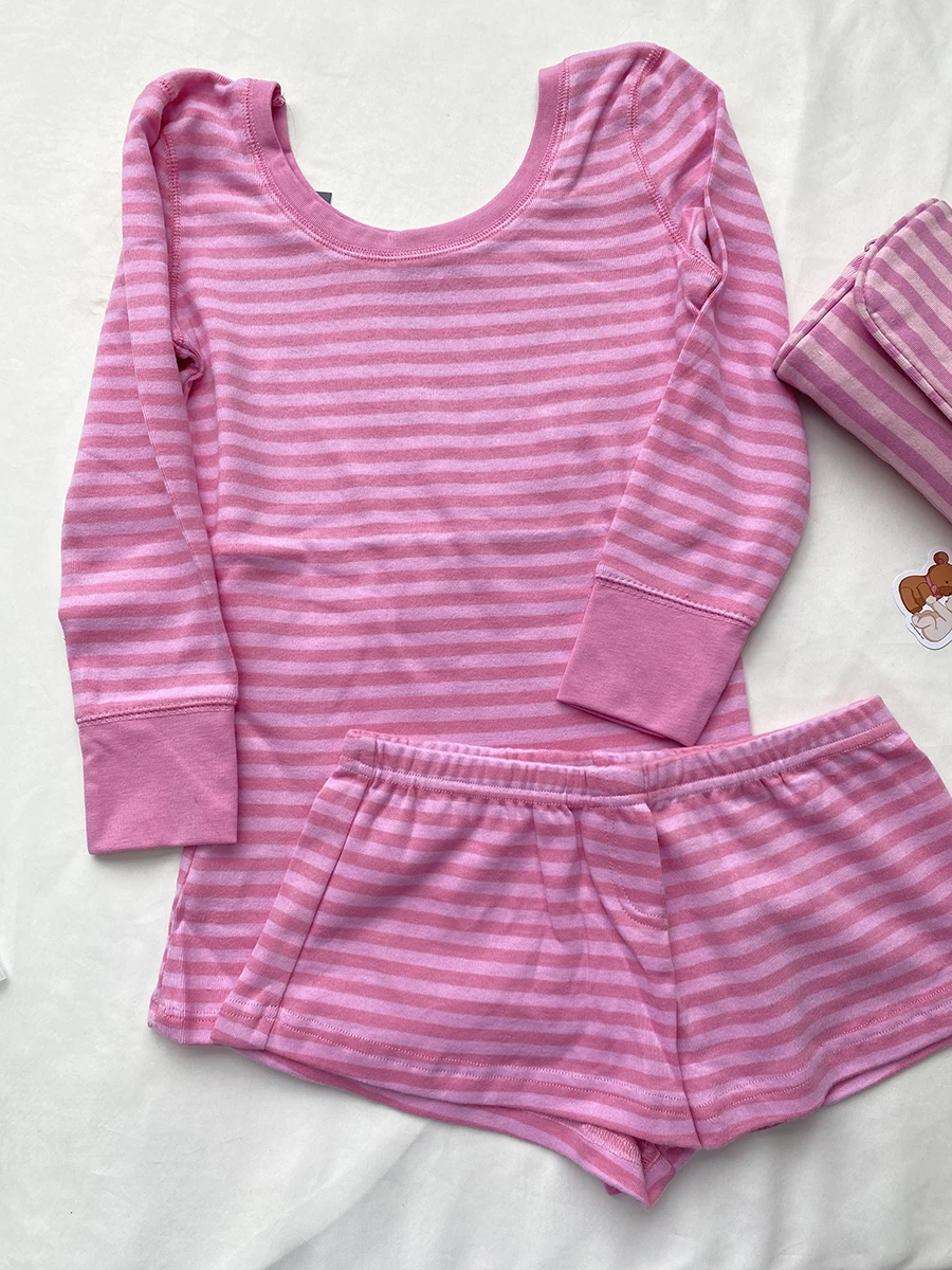 

Cotton Pink Striped T-shirts Shorts Set Women Cute Slim U-neck Top+Elastic Waist Short Pant Cozy Sweet Home Pajama 2 Piece Sets