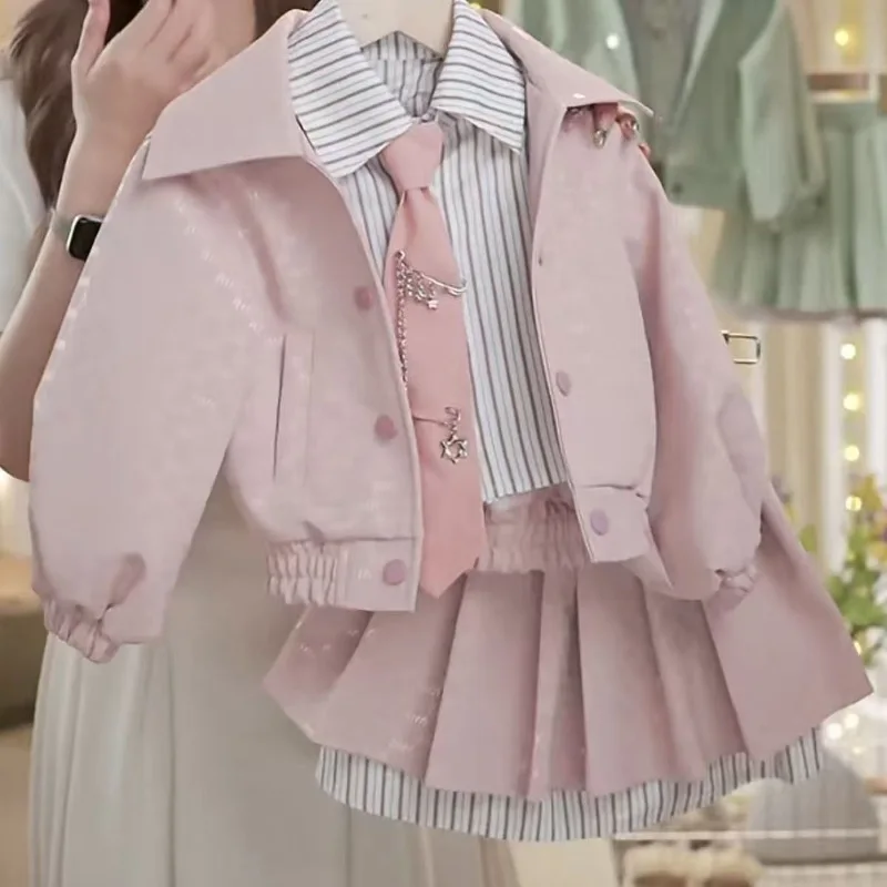 New Autumn and Winter Fashion Casual Leather Jacket and Pleated Skirt Set for Girls
