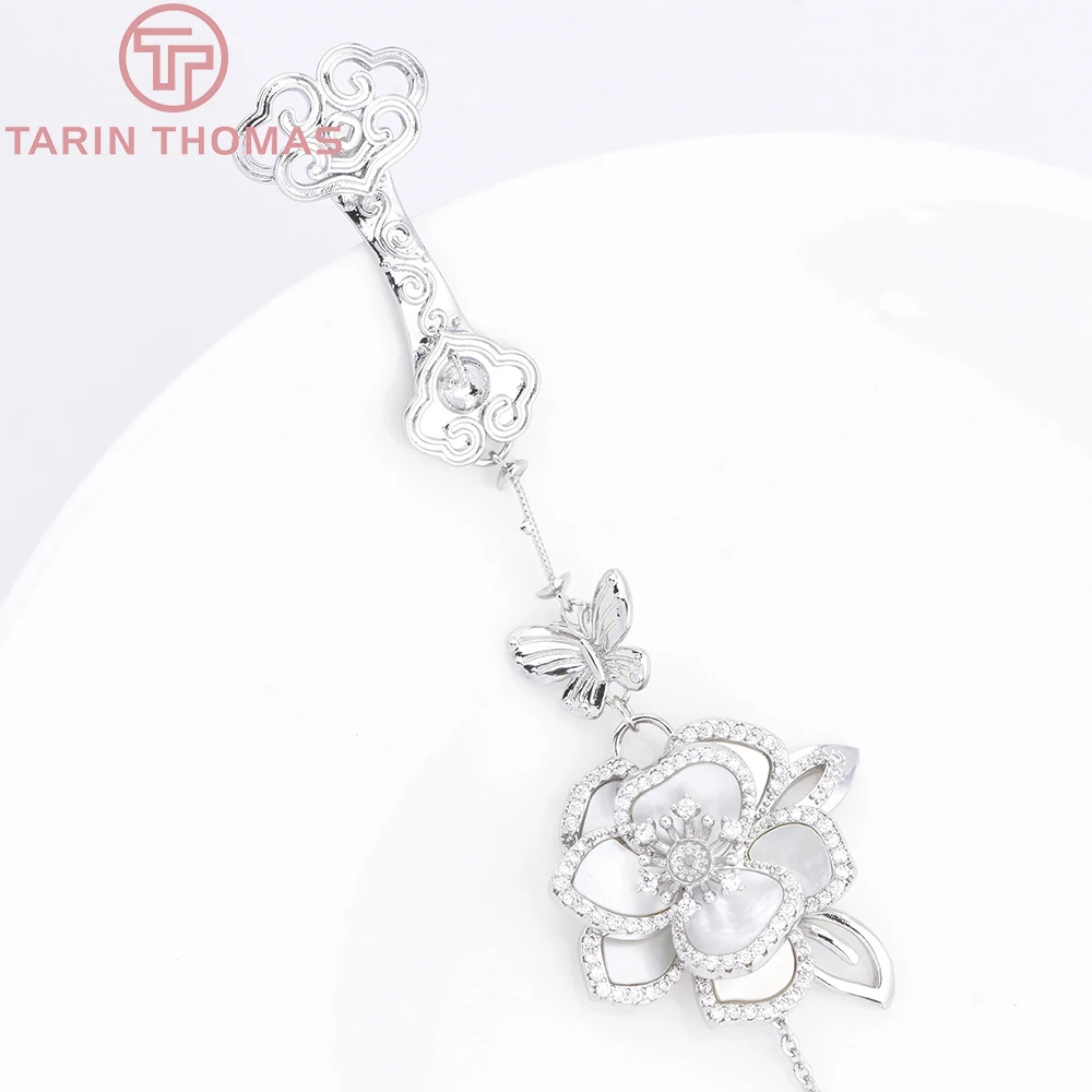 (10349) 1Piece 14CM Platinum Color Brass Flower Shaped Tassel Pressed Collar Ornament Brooch High Quality DIY Jewelry Making