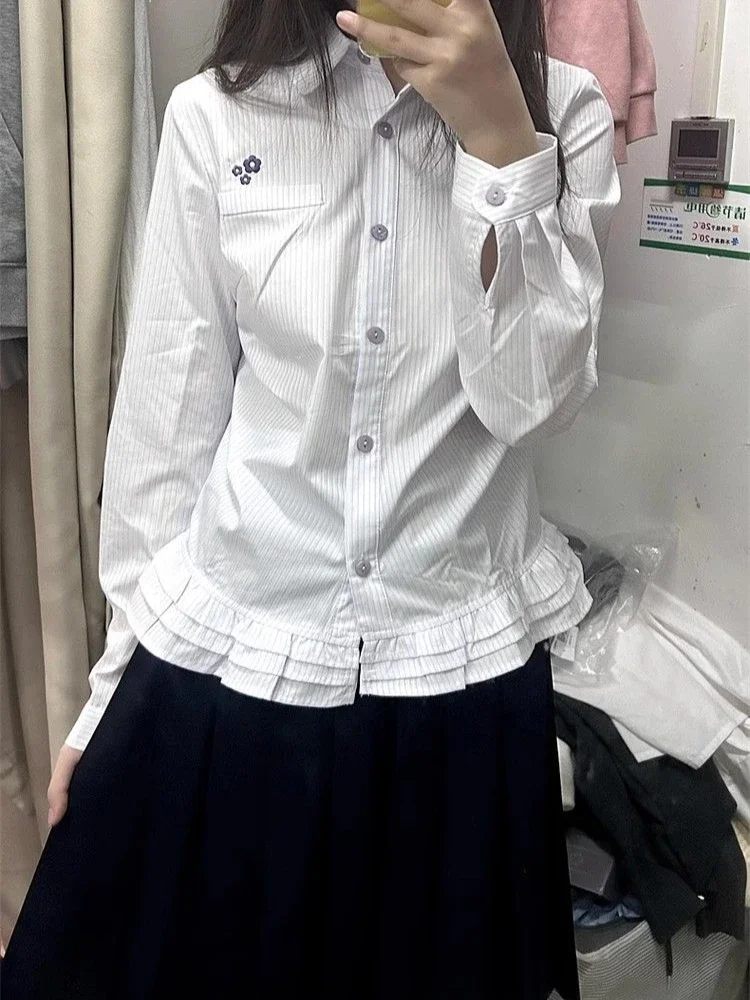 Kawaii – chemise à rayures blanches pour femmes, manches longues, broderie florale, mode coréenne, chemisiers à volants, ample, Preppy JK, hauts de printemps, nouveau