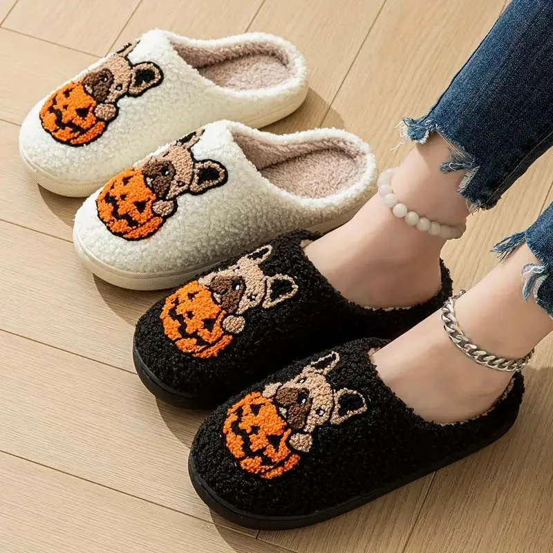 New Comfortable Halloween Pumpkin Slippers for Women, Indoor and Outdoor Pumpkin Dog Non-Slip Warm Thick Slippers