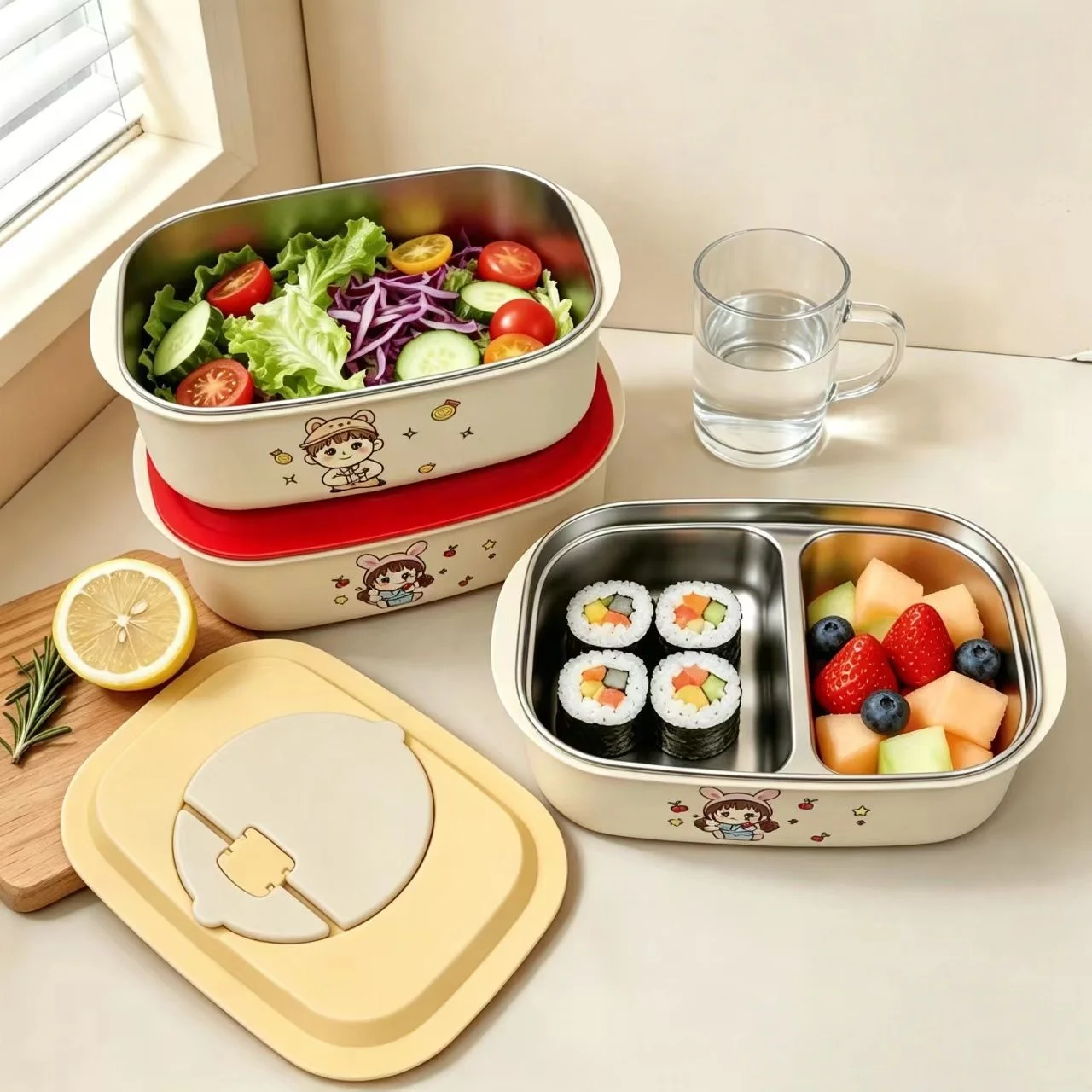 Tragbare 304 Edelstahl-Lunchbox, Edelstahl-Lunchbox mit Fächern, Quadratische Lunchbox, Mikrowellengeeignet und Zerlegbar