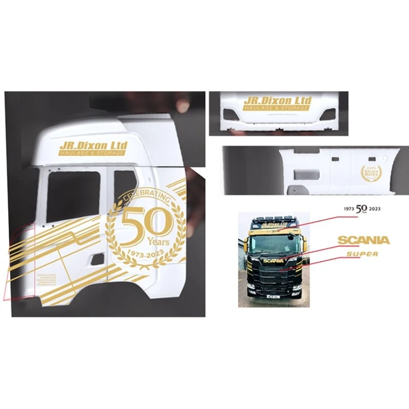 시뮬레이션 모델 장난감 자동차 JR.DIXON 골드 스티커 장식 1/14 Tamiya RC 트럭 덤프 트럭 Scania 770S 부품