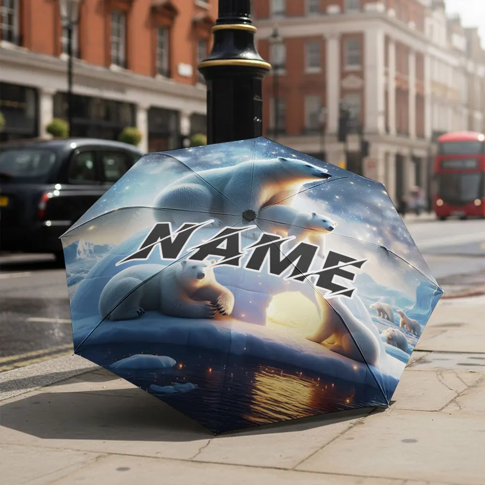 Custom Name umbrella, Arctic Polar Bears Under Starry Night Sky Umbrella Fashion Folding Umbrella for Daily Use, Christmas Gift