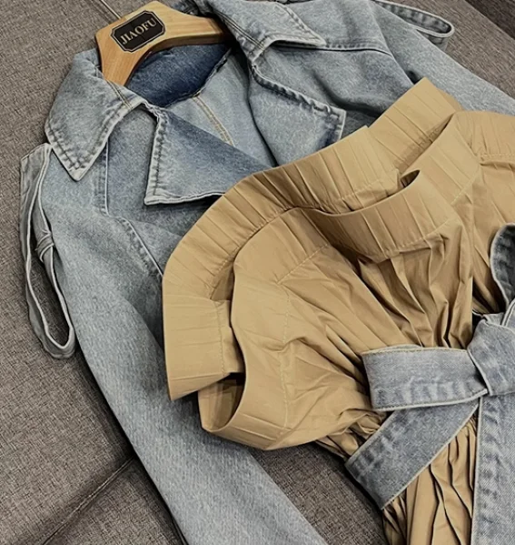 European Stylish Designed Lady Fall Winter Long Sleeve Jeans Coat Ruffles Patchwork Denim Jacket With Belt