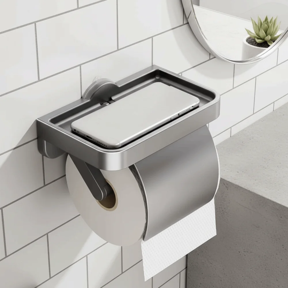 Wall-Mounted Suction Cup Toilet Paper Holder Space Saving No-Drill Paper Roll Storage Shelf Rustproof Phone Storage Tray