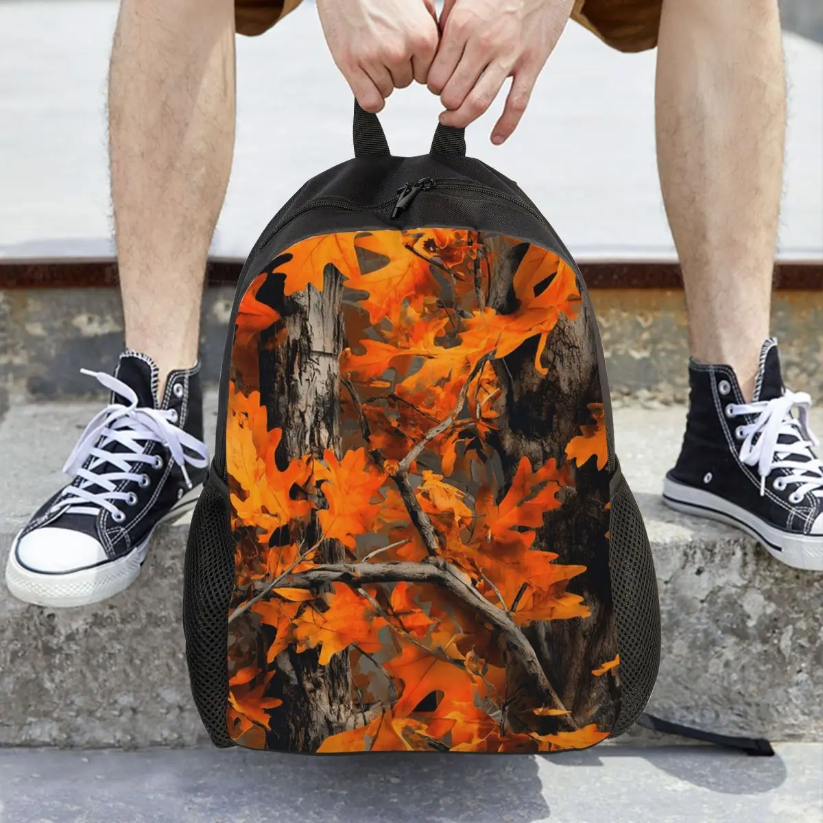 Orange Oak Leaves Autumn Camouflage Artwork Backpack Daypack Large Capacity Kids BookBag School Bag Shoulder Bags for Men Women