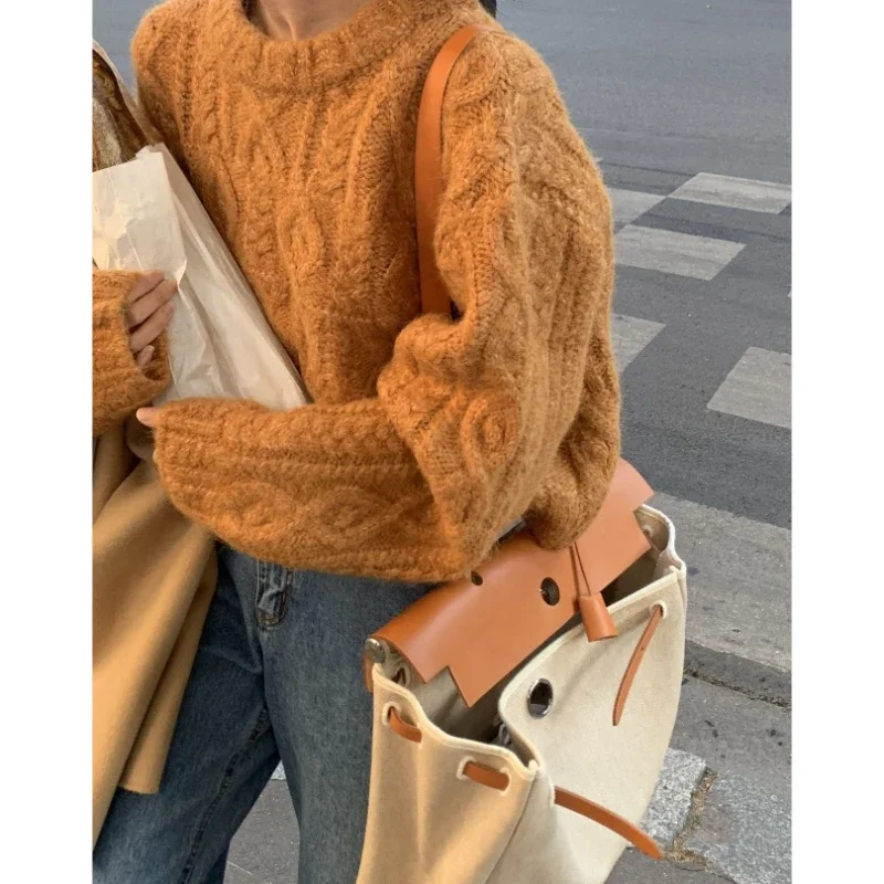 Women Wool Blend Cable Knitting Crew Neck Warm Sweater 2023 Winter Chic Classic Pullover Korean Fashion
