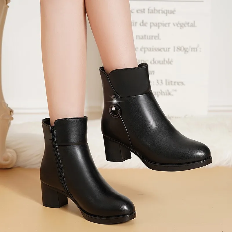 2023 NEW Fashion Soft Leather Women Ankle Boots High Heels Zipper Shoes Warm Wool Winter Boots for Women Plus Size 35-41 Botas