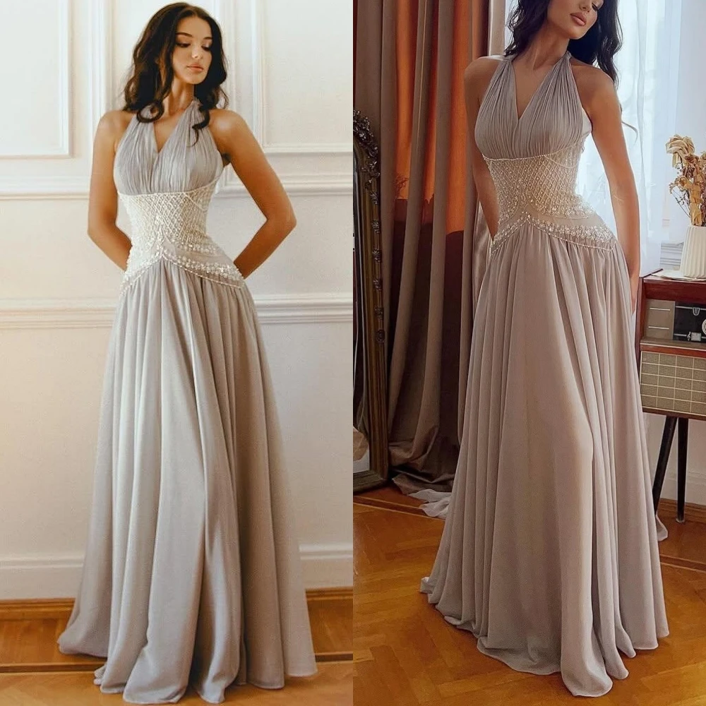 Sukienka wieczorowa w kształcie litery A, bez rękawów, z dekoltem typu halter, elegancka, formalna, modna, delikatna, w stylu gwiazd, podkreślająca temperament, idealna na przyjęcie.