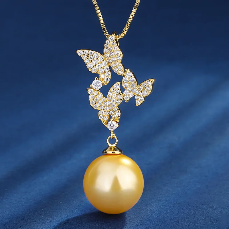 Jewelry -plated copper base, inlaid gold-colored shell pearls, fashionable butterfly design, hand-set with dia
