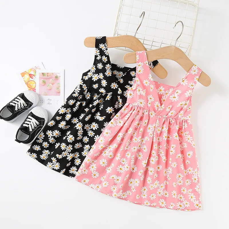 2023 New Baby Girls Sleeveless Flower Print Dresses Clothes Bowknot Kid Summer Princess Dress Children Party Ball Pageant Outfit