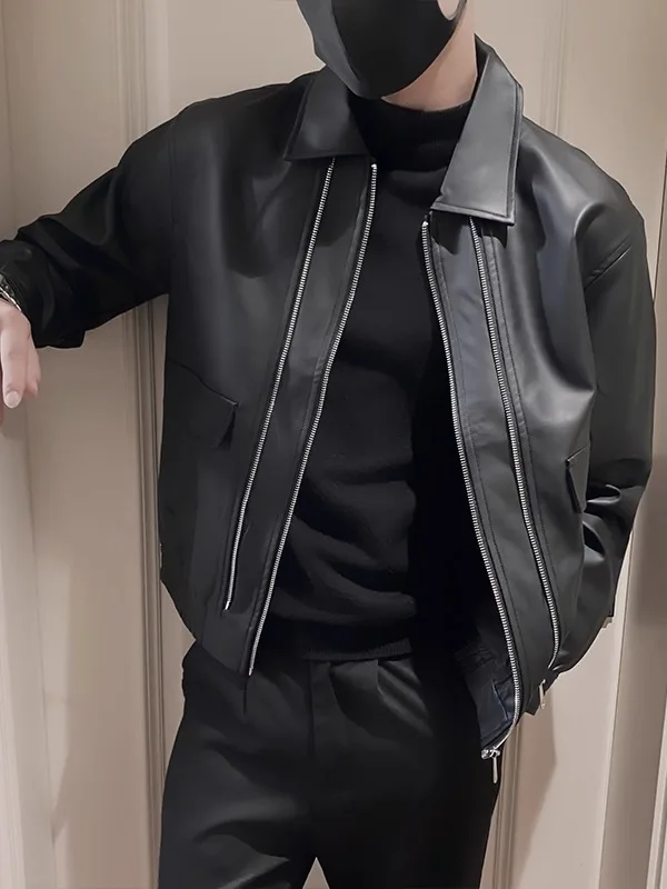 ملابس خارجية كاجوال أنيقة للرجال من الجلد طويلة Sve بياقة واقفة Sli ملابس خارجية متعددة الاستخدامات مضادة للتجاعيد ومناسبة للمراهقين