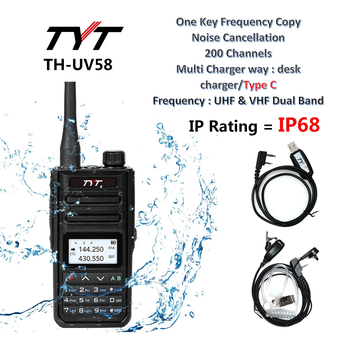 Tyt New Walkie Talkie 10w Ip68 Waterproof Radio Th-uv58 200 Channels Vhf/uhf Type C Charging 3200mah Walkie Talkie Th-uv99