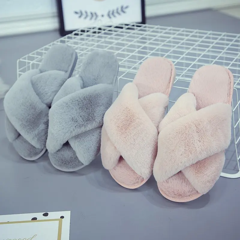 Women Winter House Furry Slippers 2022 New Design  Women Cross Fluffy Fur Home Slides Flat Indoor Floor Shoes Ladies Flip Flops