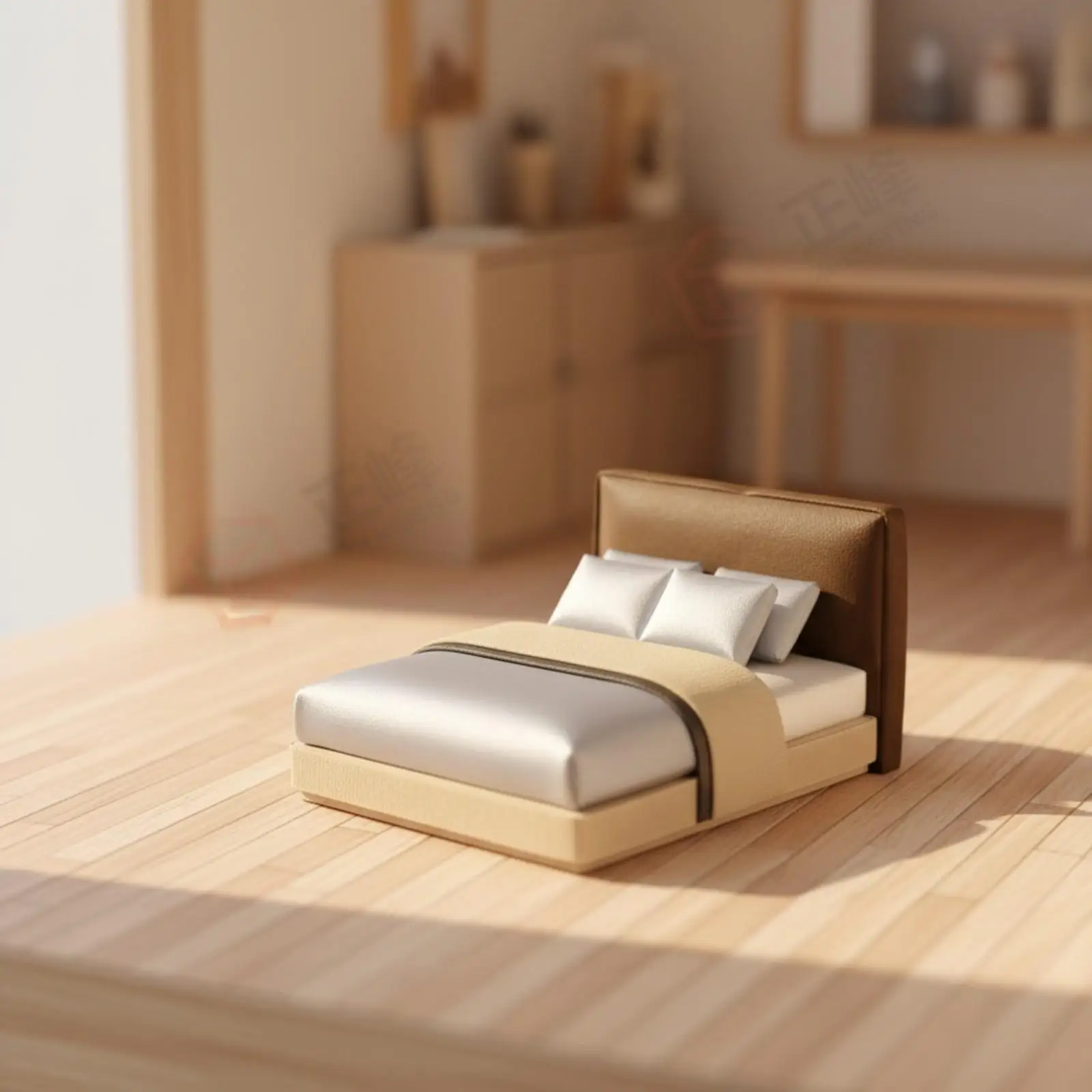 Fabric Dollhouse Bed for Miniature Bedroom Scene with Soft Upholstered Frame and Modern Style Accent