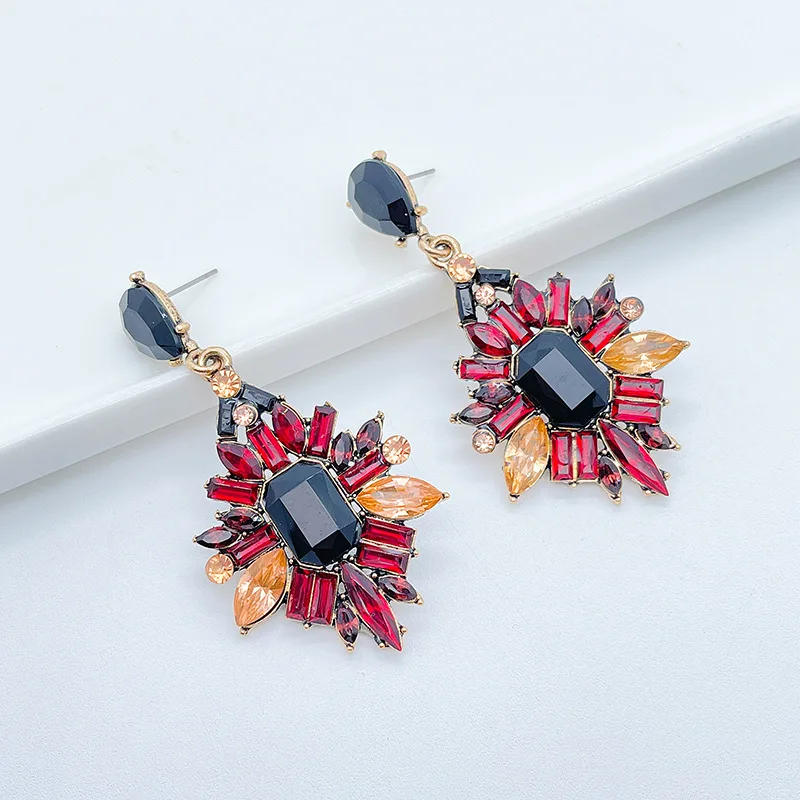 Extreme color retro dark long earrings geometric alloy with diamonds full of diamonds temperament women's earrings