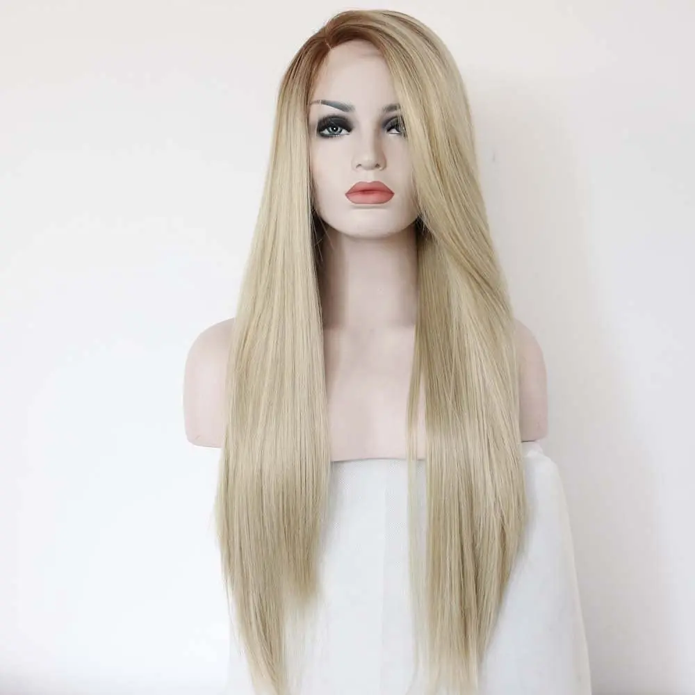 

Sylvia Wigs Ombre Blonde Synthetic Lace Front Blonde Wigs With Brown Roots Long Silky Straight Hair Wig Heat Ressiatnt Fiber