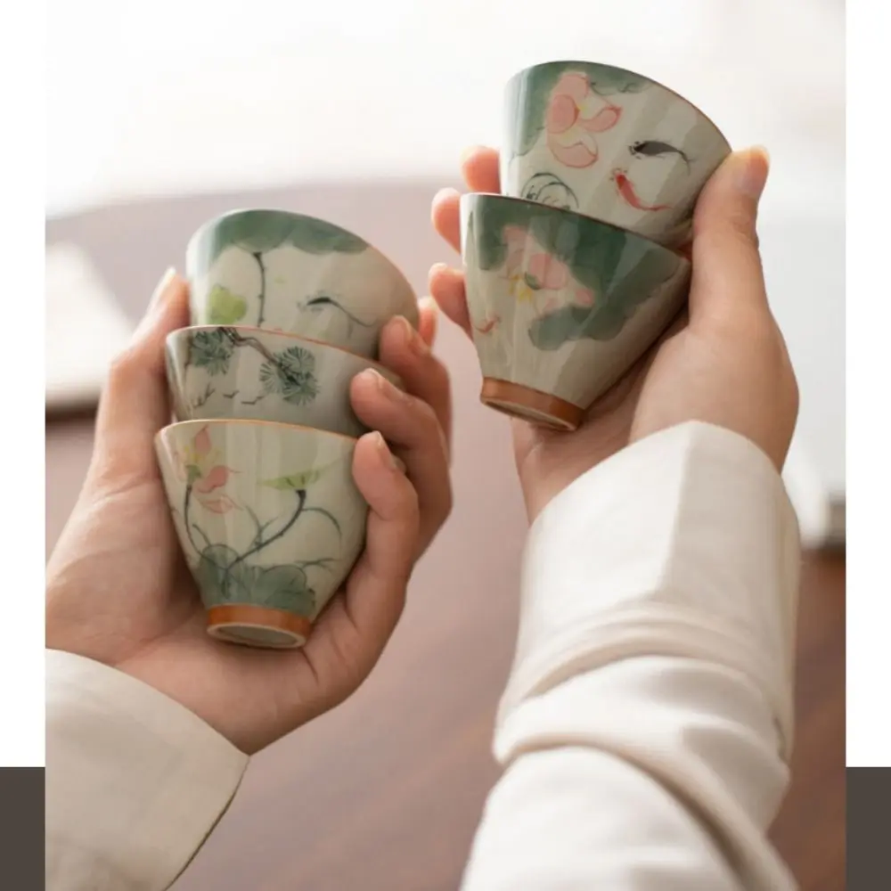 Hand-painted Ge Kiln Ceramic Tea Cup Chinese Underglaze Colored Kung Fu Tea Cup Ice Cracked Glaze Non-Scald Tea Tasting Cups