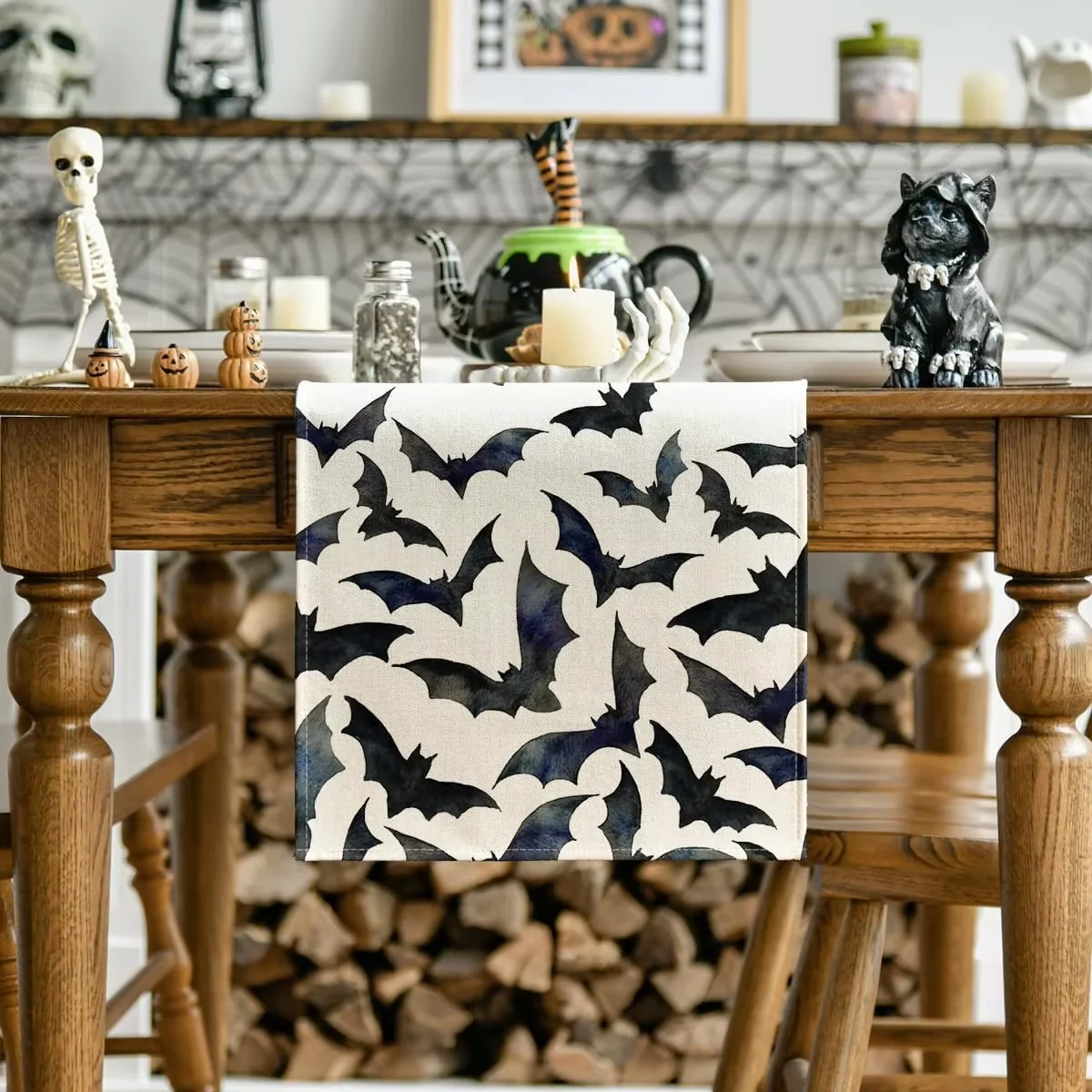 

VIKAMA Halloween Silhouette Black and White Bat Table Runner, Kitchen Dining Table Decoration for Home Parties