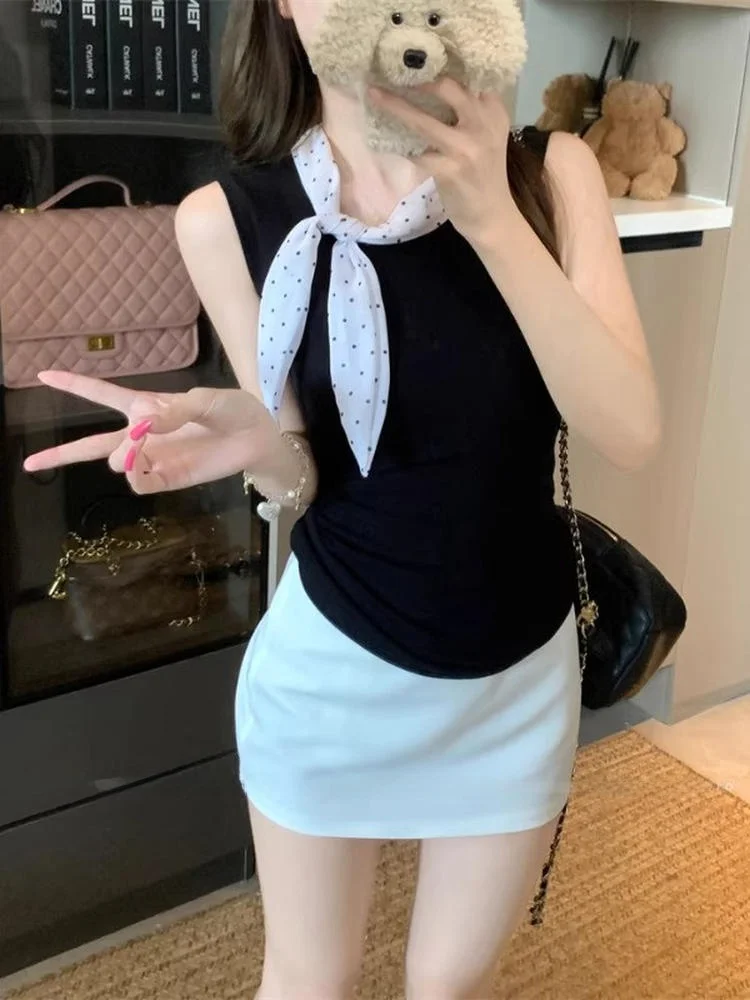 

Slim Fit Polka Dot Belted Svel Vest for Women Trendy Outerwear Bla Summer 2025 New Sle Commute Sle Color